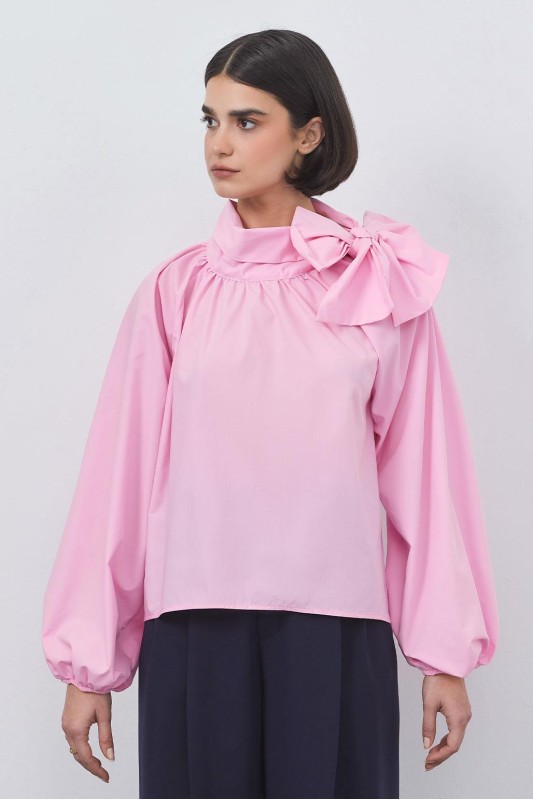 Olivia Fularlı Poplin Bluz Orta Pembe