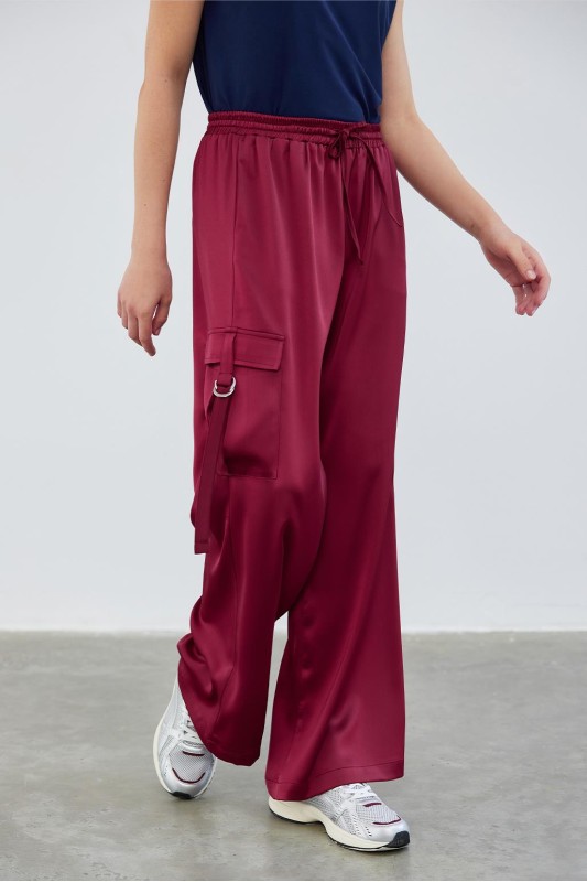 Milena Saten Kargo Cepli Pantolon Bordo