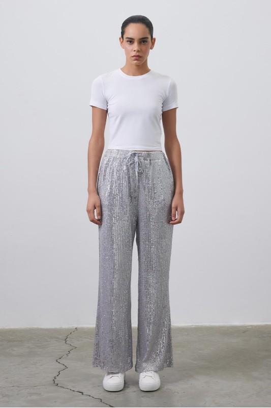 Payet İşlemeli Bol Pantolon Silver