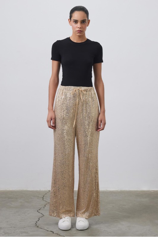 Payet İşlemeli Bol Pantolon Gold