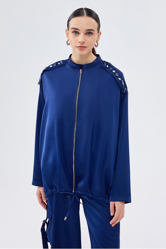 İşlemeli Bomber Bol Pantolon Takım Lacivert İşlemeli Bomber Bol Pantolon Takım Lacivert