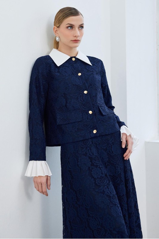 Dantel Pilise Kol Detaylı Ceket Çan Etek Takım Lacivert