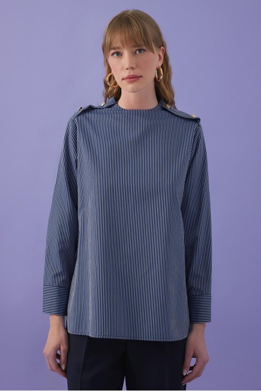 Omuz Gold Detaylı Çizgili Gömlek Lacivert