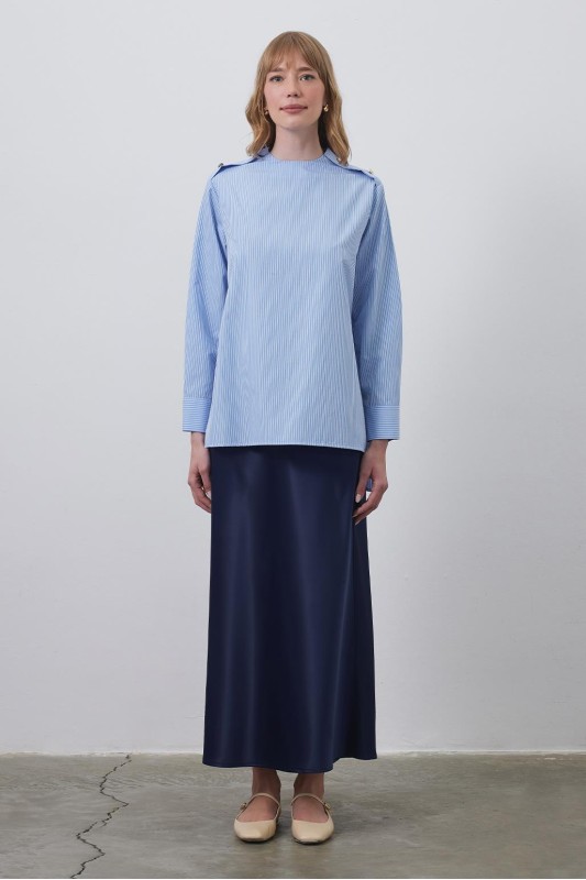 Omuz Gold Detaylı Çizgili Gömlek Açık  Mavi