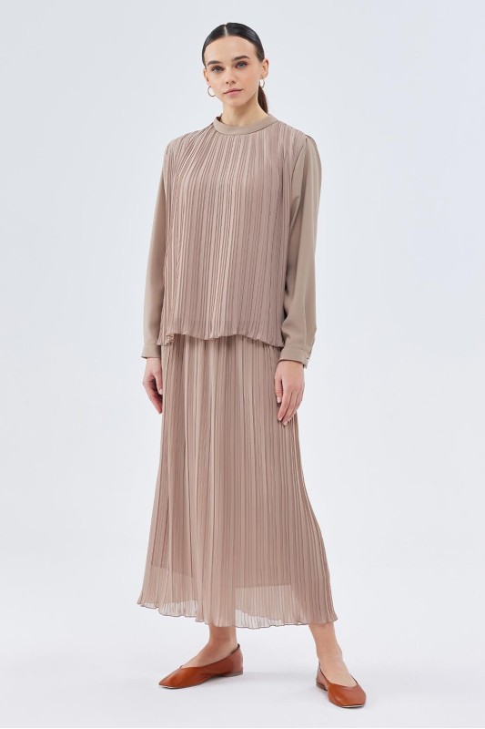 Julia Pilise Detaylı Tunik Etek Takım Vizon