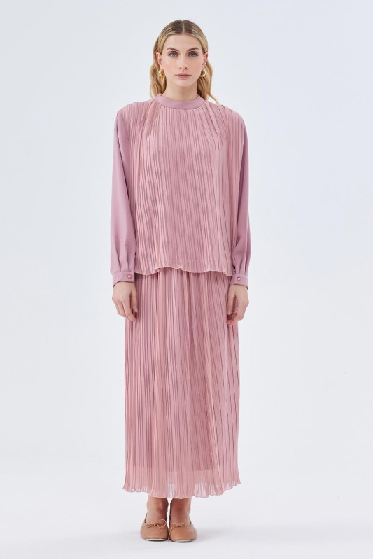 Julia Pilise Detaylı Tunik Etek Takım Koyu Pudra