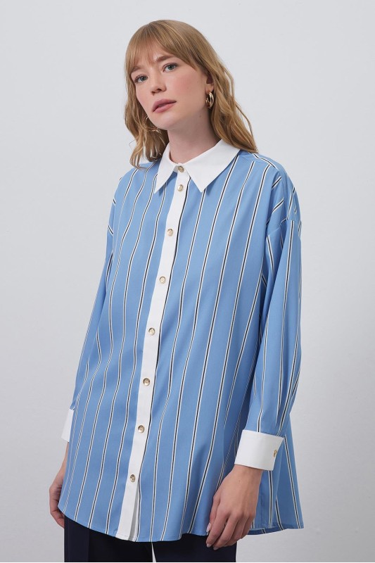 Mix Çizgili Gömlek Mavi Mix Çizgili Gömlek Mavi