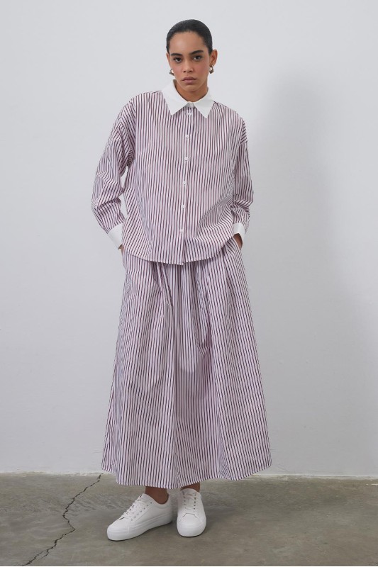 Manch Çizgili Gömlek Etek Takım Bordo