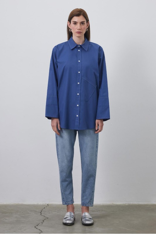Punto Dikişli Oversize Gömlek İndigo