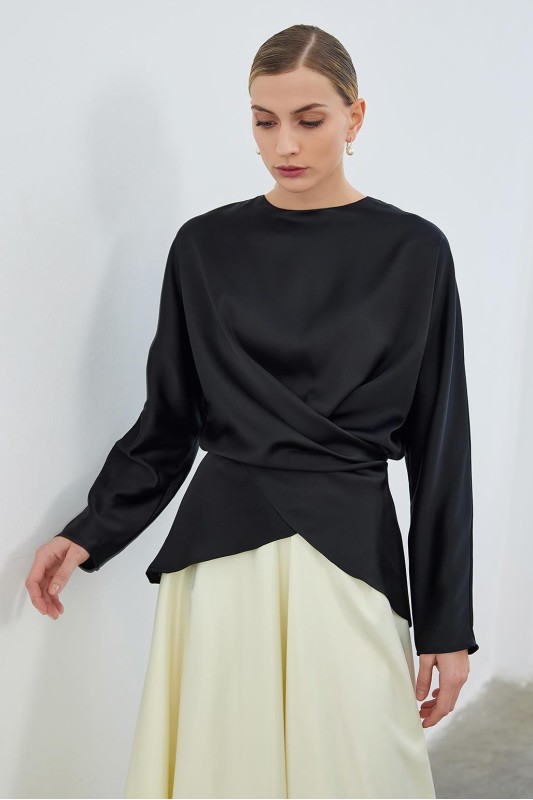 Loas Saten Bağlamalı Anvelop Tunik Siyah