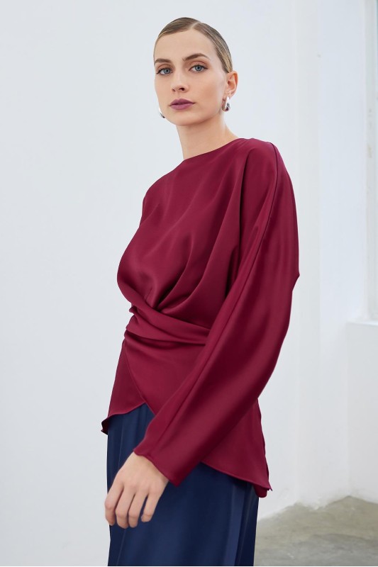 Loas Saten Bağlamalı Anvelop Tunik Bordo