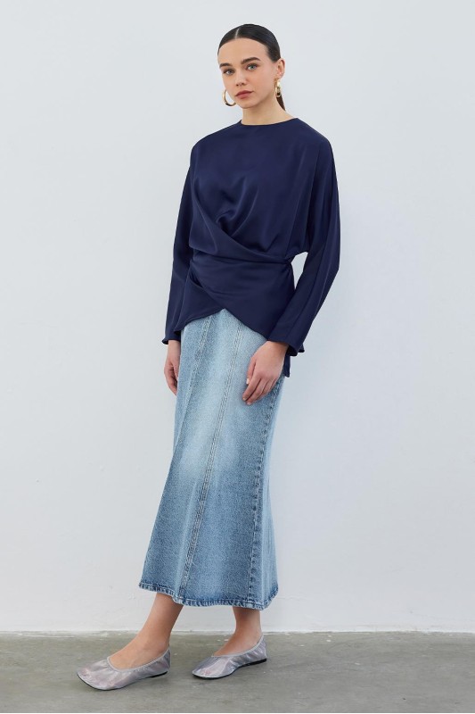 Loas Saten Bağlamalı Anvelop Tunik Lacivert