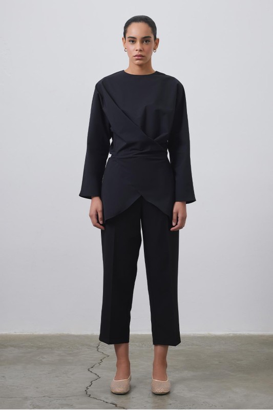 Loas Poplin Bağlamalı Anvelop Tunik Siyah