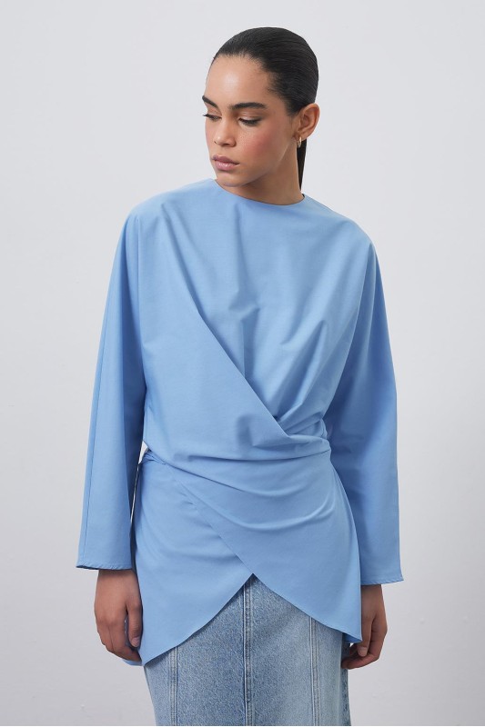 Loas Poplin Bağlamalı Anvelop Tunik Mavi