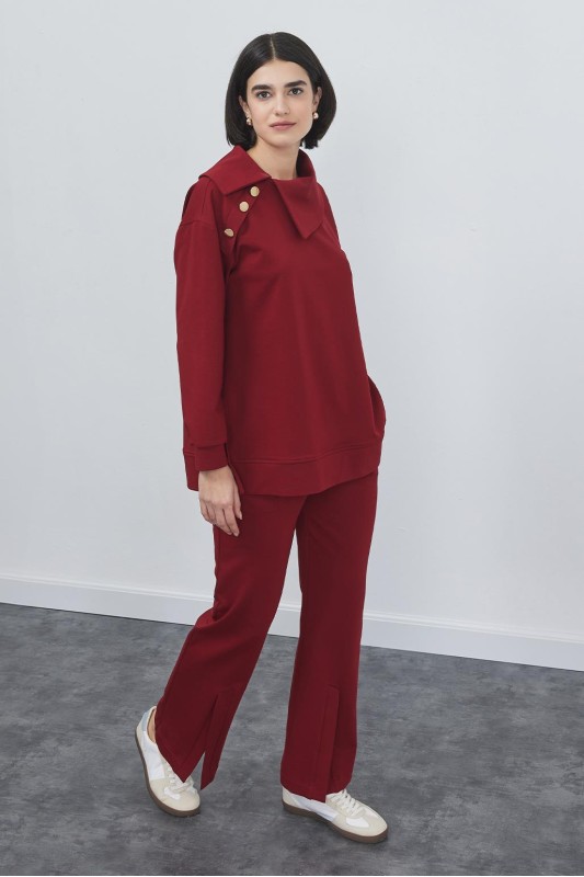 Liana Devrik Yaka Sweat Yırtmaçlı Pantolon Takım Bordo