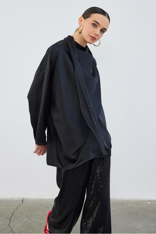 Kuva Saten Fularlı Tunik Siyah