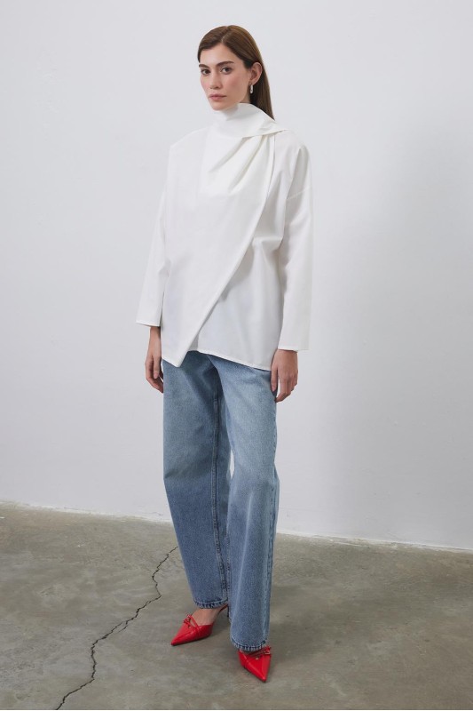 Sofia Poplin Fularlı Gömlek Ekru