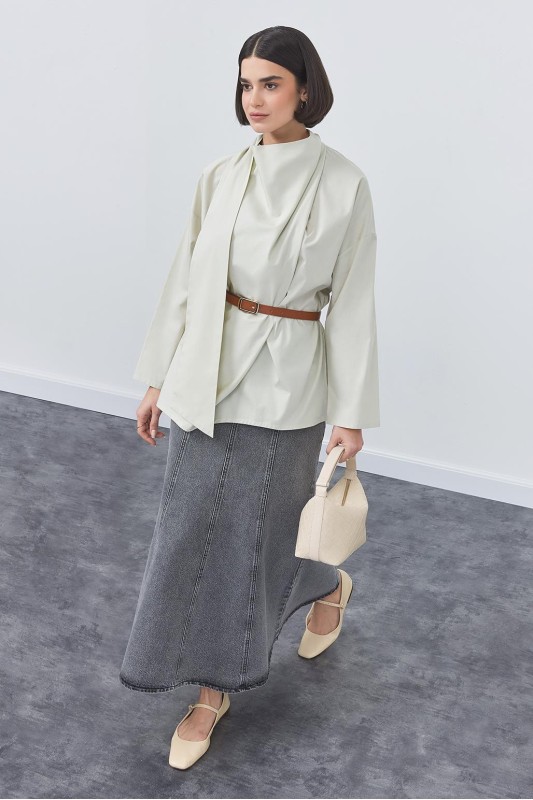 Sofia Poplin Fularlı Gömlek Çağla Yeşili