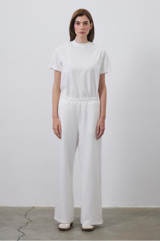 Dania Yüksek Bel Yırtmaçlı Bol Pantolon Ekru