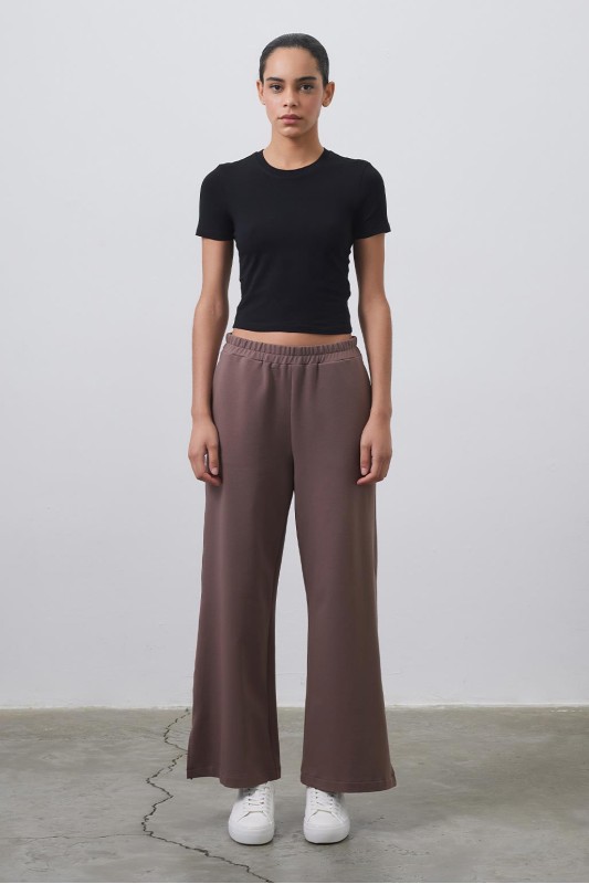 Dania Yüksek Bel Yırtmaçlı Bol Pantolon Kakao