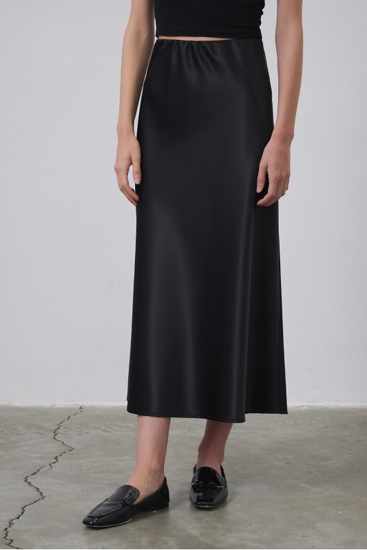 Tiana Düz Kesim Saten Etek Siyah