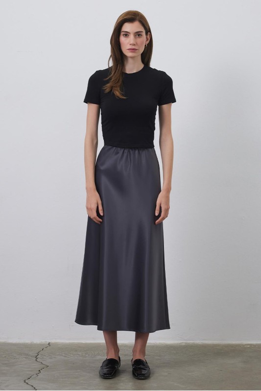 Tiana Düz Kesim Saten Etek Antrasit