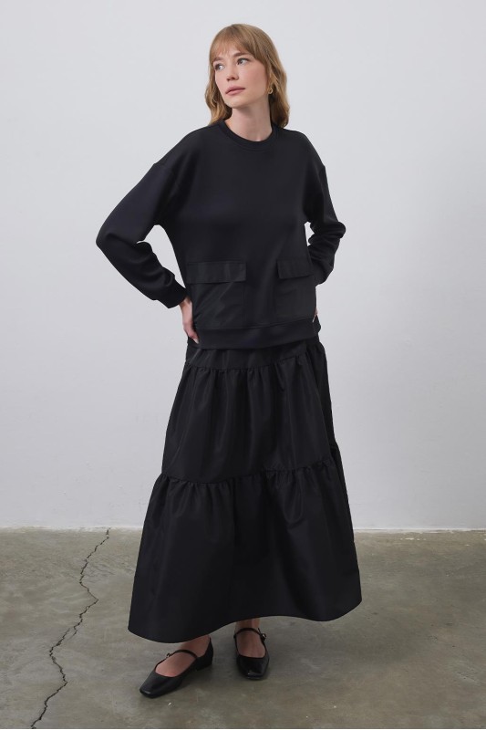 Gaina Tafta Garnili Sweat Parçalı Etek Takım Siyah