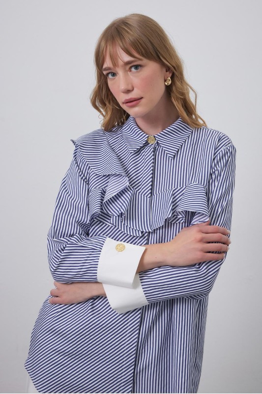 Volanlı Manşet Detaylı Gömlek Lacivert