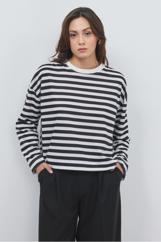 Çizgili Crop Sweatshirt Siyah
