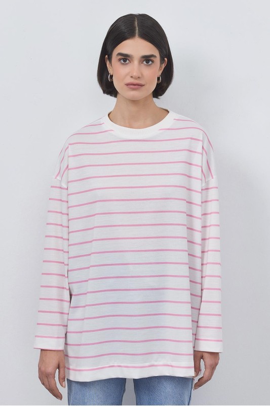 Çizgili Yırtmaçlı Tunik Pembe
