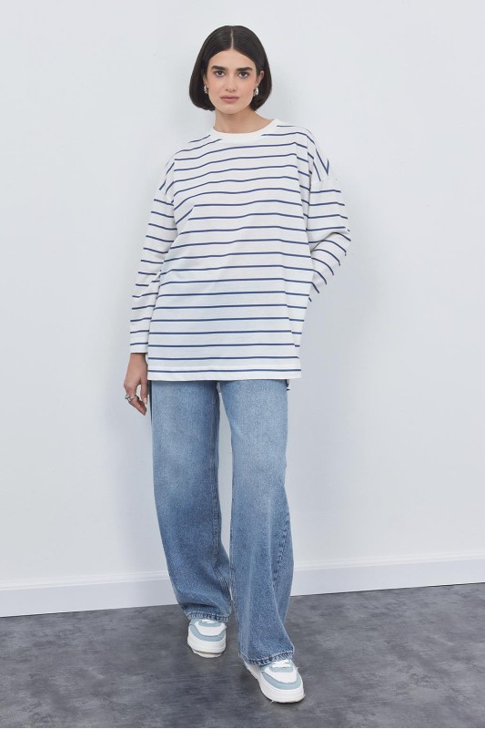 Çizgili Yırtmaçlı Tunik İndigo