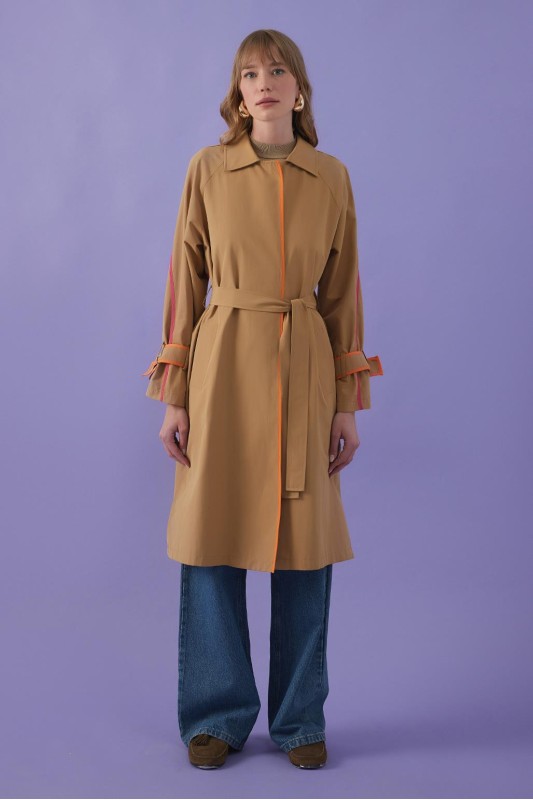 Vespa Renkli Şeritli Trençkot Camel