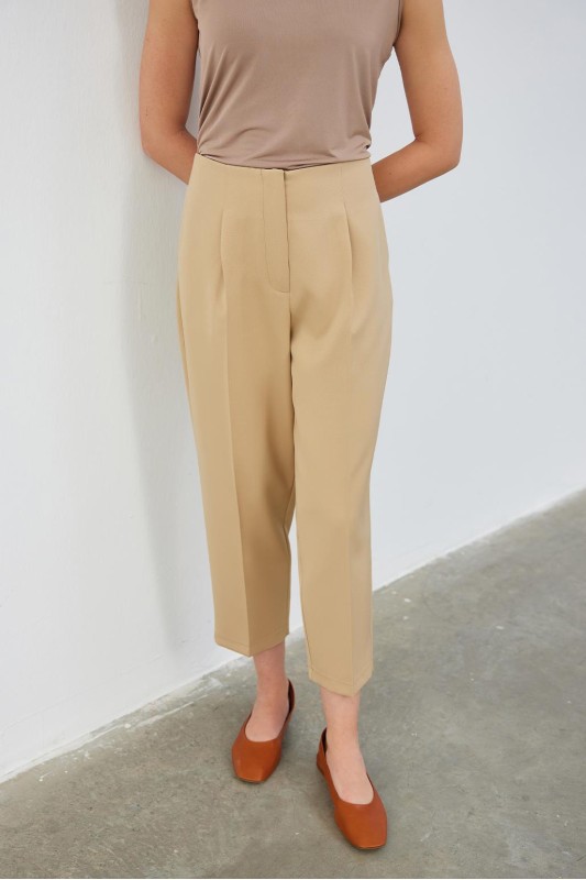 Yüksek Bel Pens Detaylı Pantolon Bej