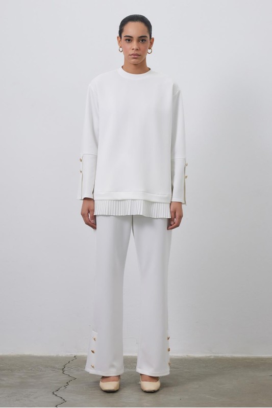 Debra Pilise Detaylı Yırtmaçlı Tunik Pantolon Takım Ekru