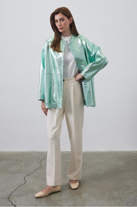 Parlak Bomber Ceket Hologram Yeşili