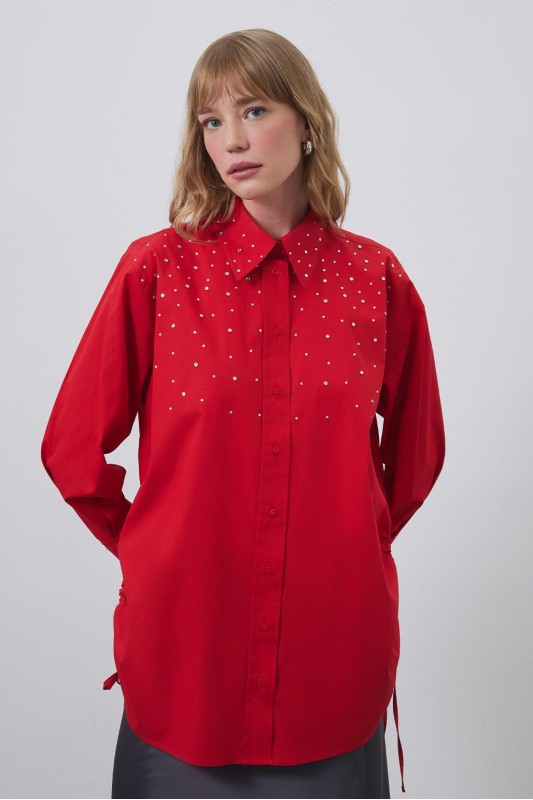 Anita Büzgülü Taşlı Gömlek Kırmızı