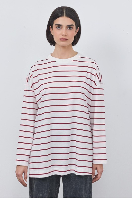 Çizgili Yırtmaçlı Tunik Bordo