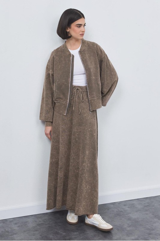 Soluk Efectli Hırka Etek Takım Kahve