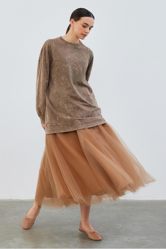 Anna Taşlı Sweatshirt Kahve