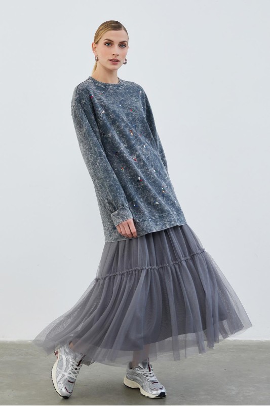 Fara Taşlı Sweatshirt Füme