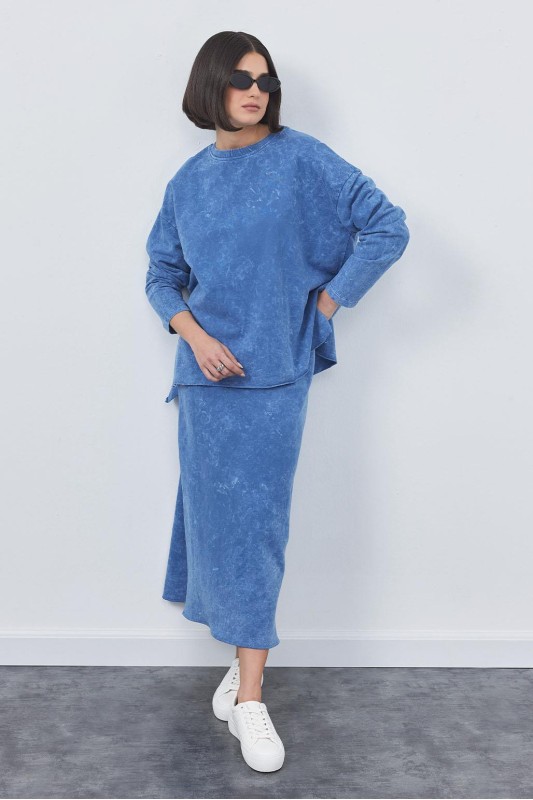 Soluk Efectli Basic Tunik Kalem Etek Takım İndigo