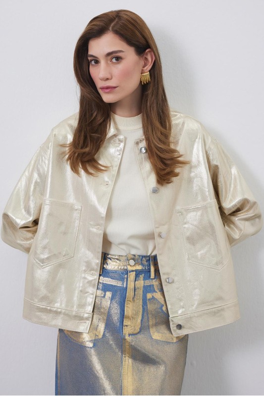 Parlak Baskı Sıvamalı Orena Denim Ceket Gold