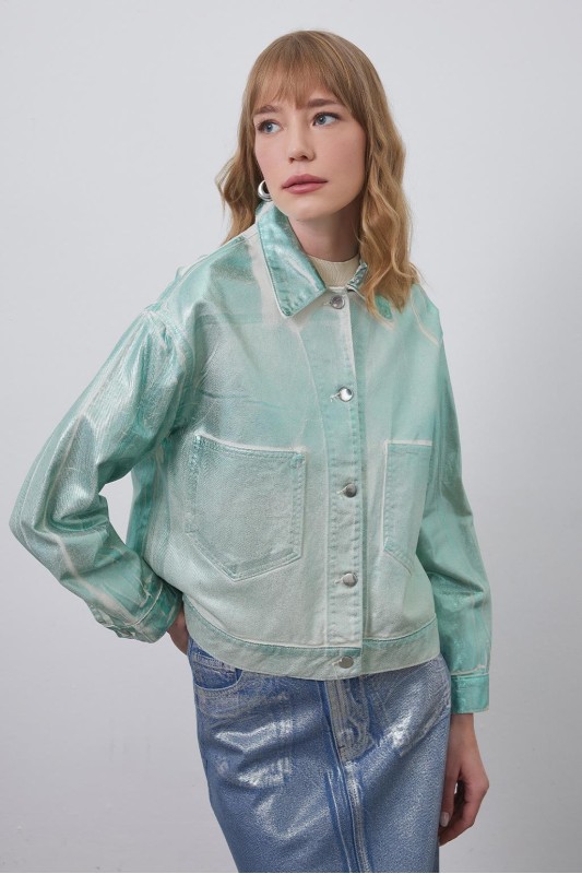 Parlak Baskı Sıvamalı Orena Denim Ceket Hologram