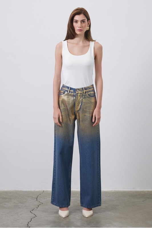 Parlak Baskı Desenli Palazzo Denim Pantolon Gold