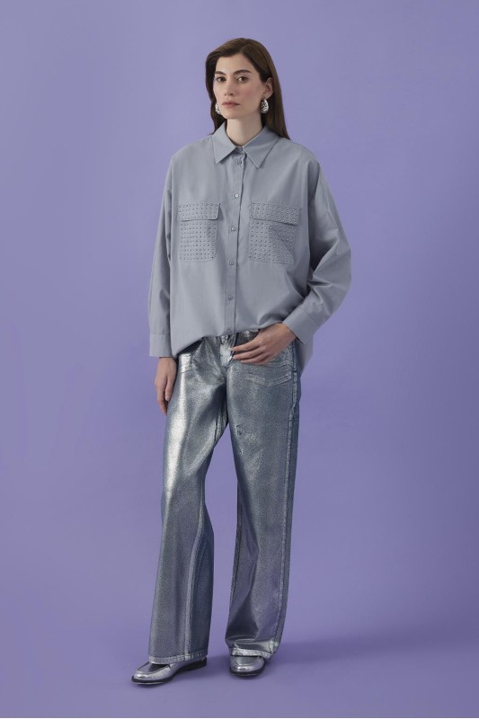 Parlak Baskı Sıvamalı Palazzo Denim Pantolon Silver
