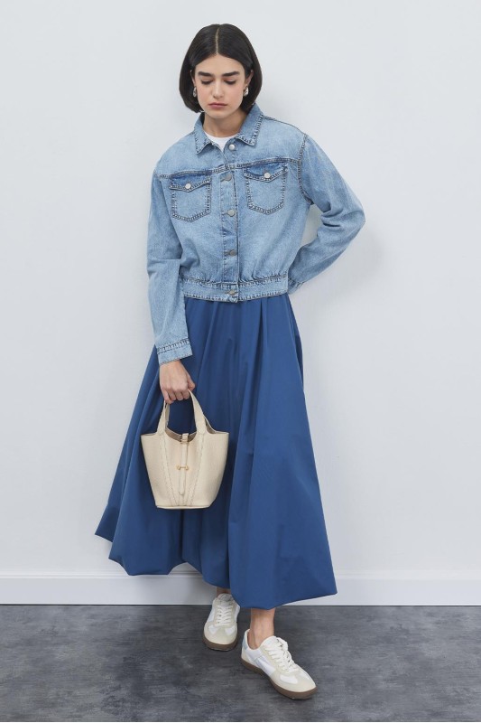 Pileli Denim Ceket Açık Mavi