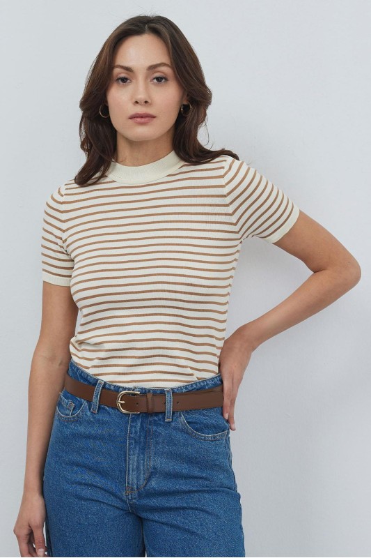 Noya İnce Çizgili Yazlık Triko Vizon