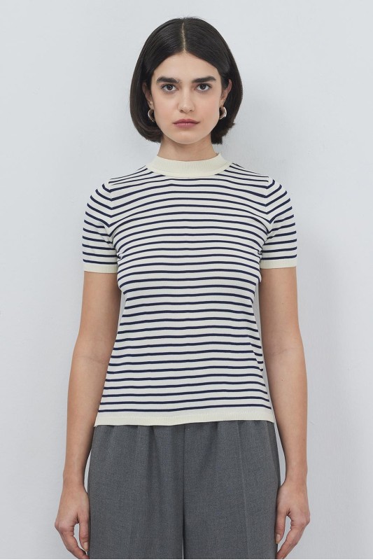 Noya İnce Çizgili Yazlık Triko İndigo
