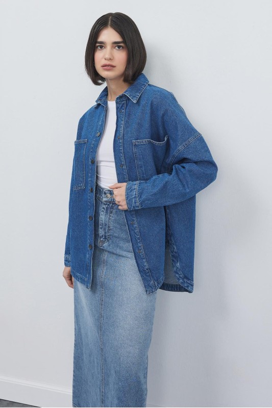 Cepli Denim Ceket Koyu Mavi