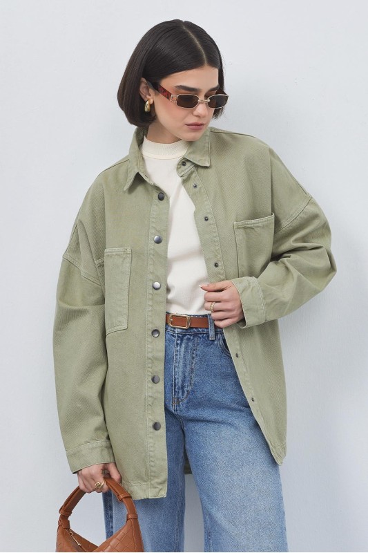 Yıkamalı Gabardin Ceket Haki Yeşil